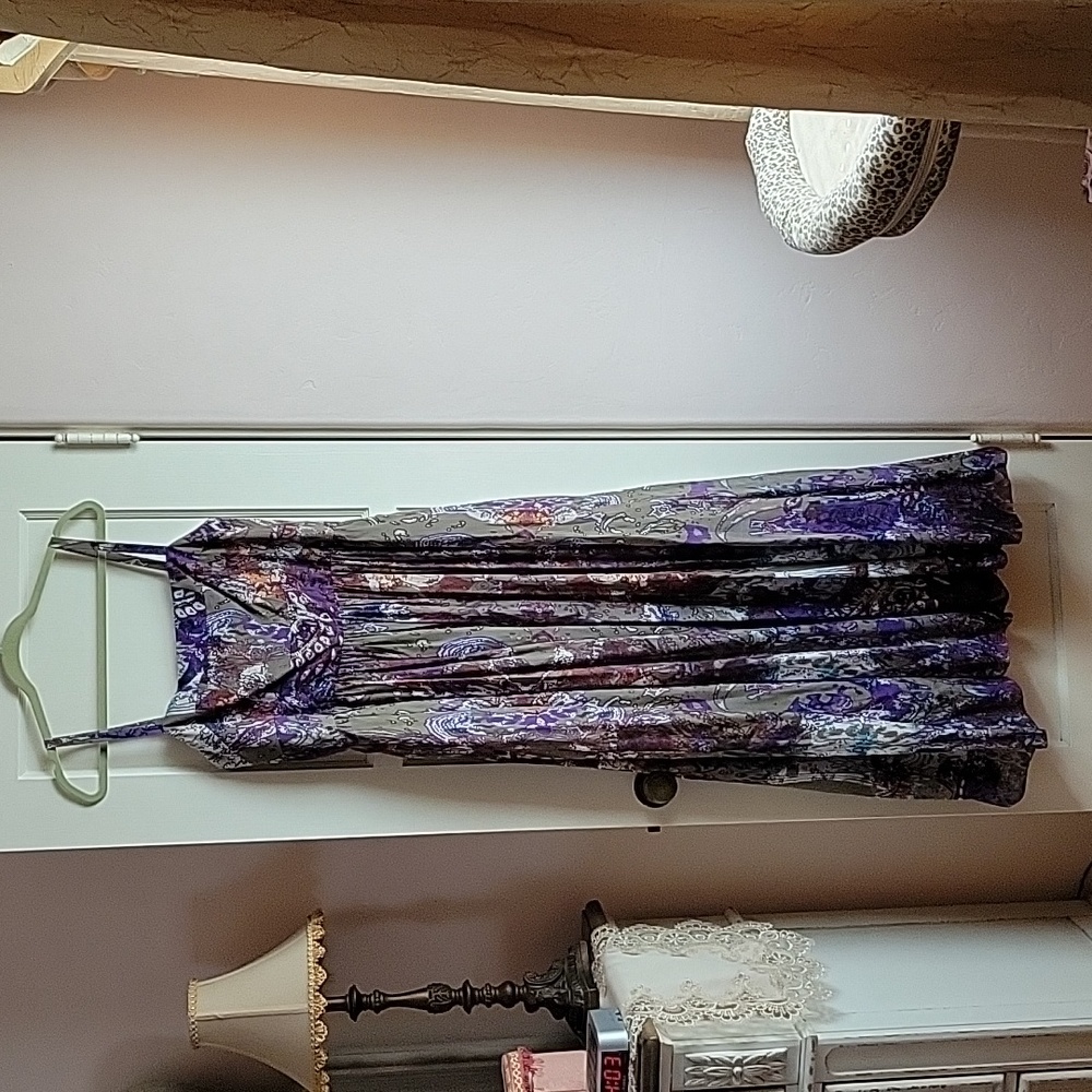 Suzi Chin olive green maxi dress with purple watercolor print size 14